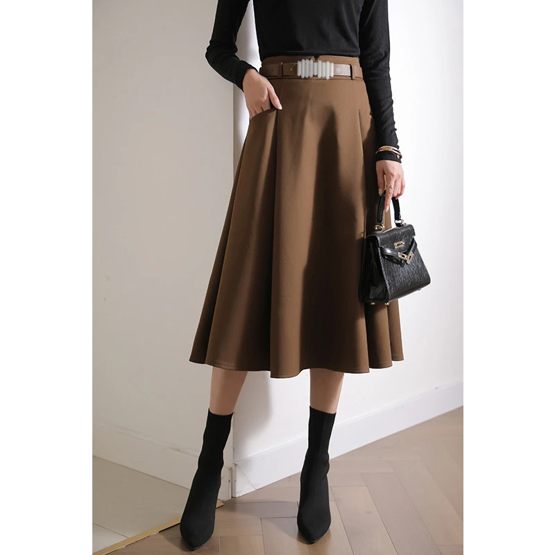 新款配毛衣高腰显瘦赫本风中长款A字半身裙女秋冬百搭6215