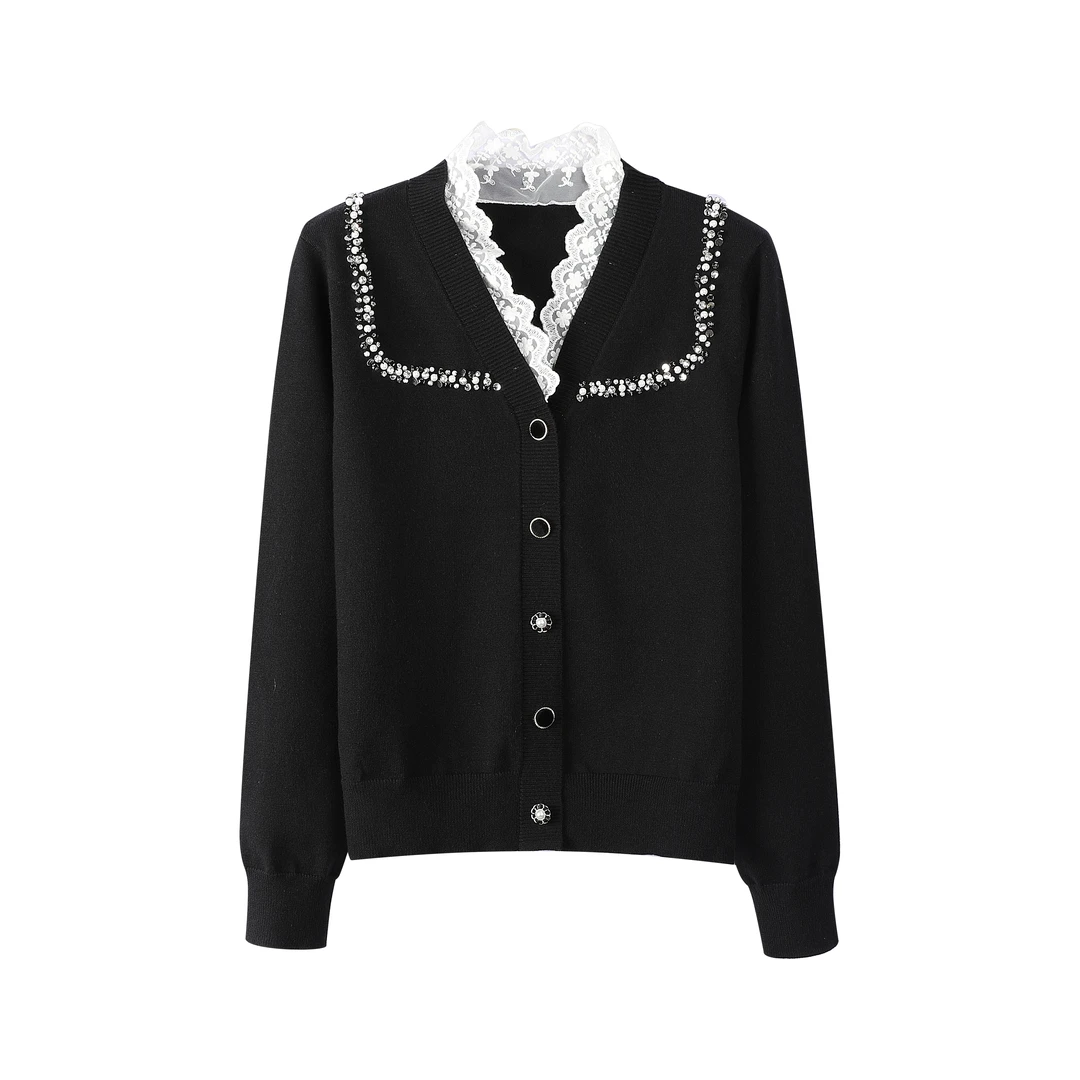 气质黑色时尚百搭轻奢设计款镶钻针织开衫上衣8823