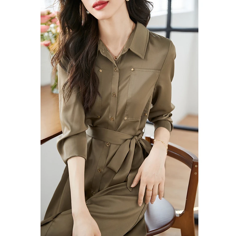 polo衬衫连衣裙女新款气质洋气质感法式系带长袖收腰长裙0496