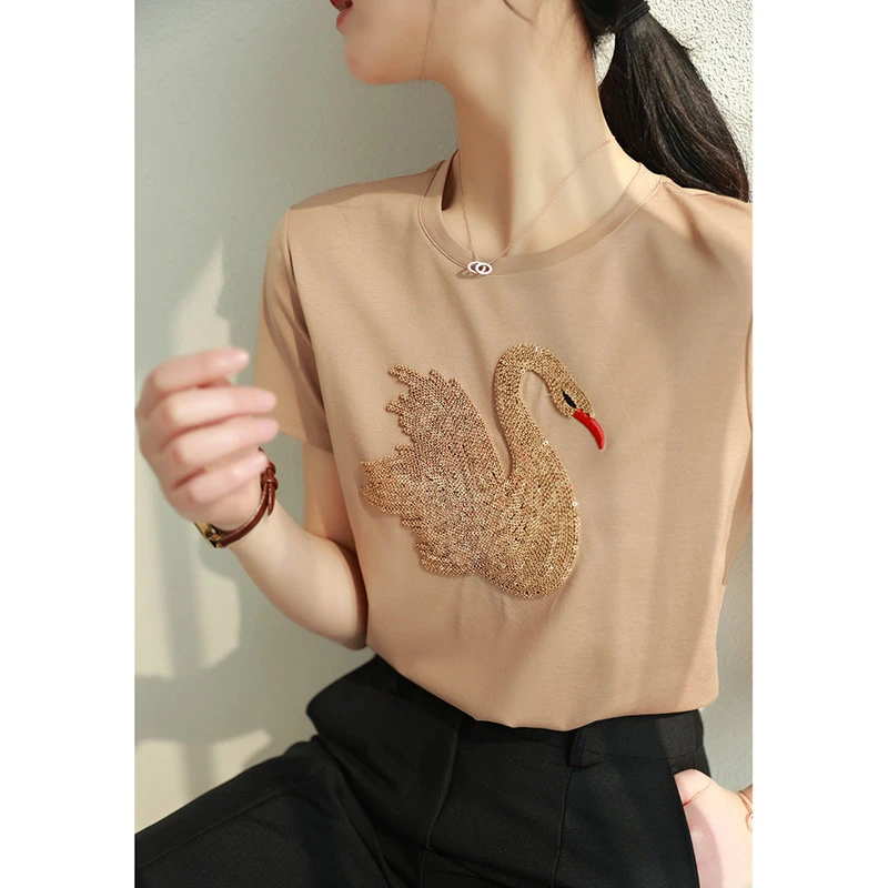 新款手工立体天鹅优雅气质宽松舒适显瘦圆领短袖T恤女0074