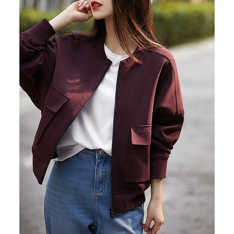 圆领长袖纯色外套女气质休闲设计感工装棒球短上衣0284