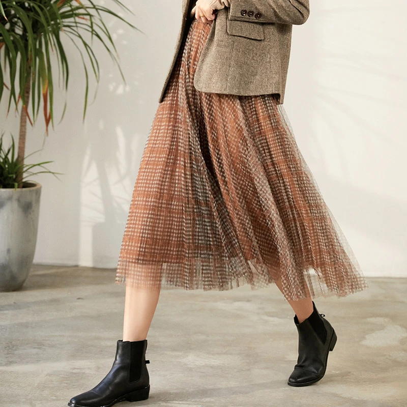 复古格纹网纱裙女春季新款格子中长款A字百褶百搭半身裙子0080