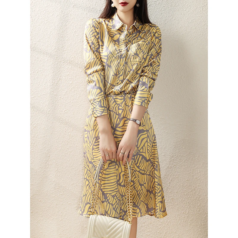 度假风高级感气质复古连衣裙新款轻奢长袖碎花衬衫裙子3037