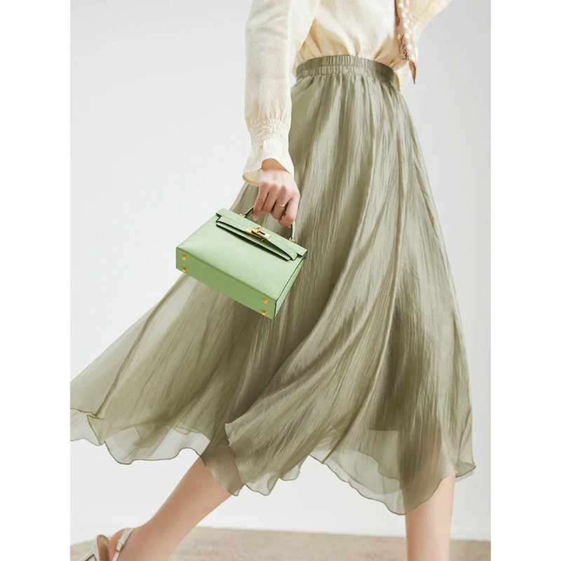 绿色半身裙女高腰a字气质ins垂坠感飘逸中长款裙子1319