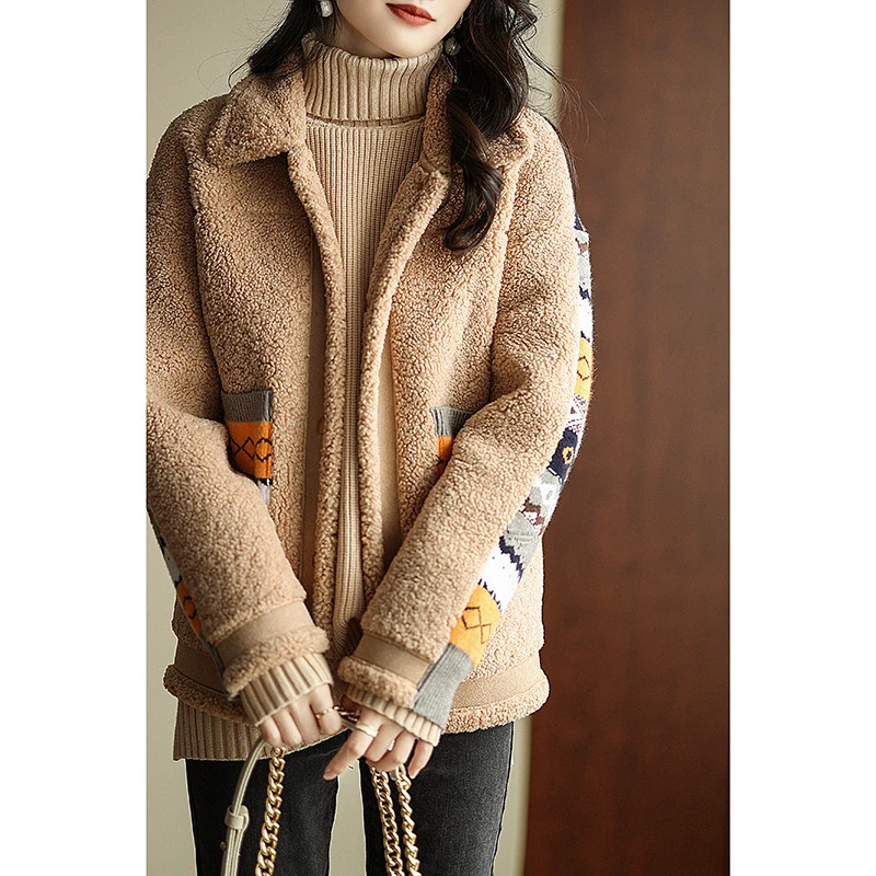 小香风韩版宽松无腰带羊毛拼色气质通勤翻领纯色羊羔绒外套女4438