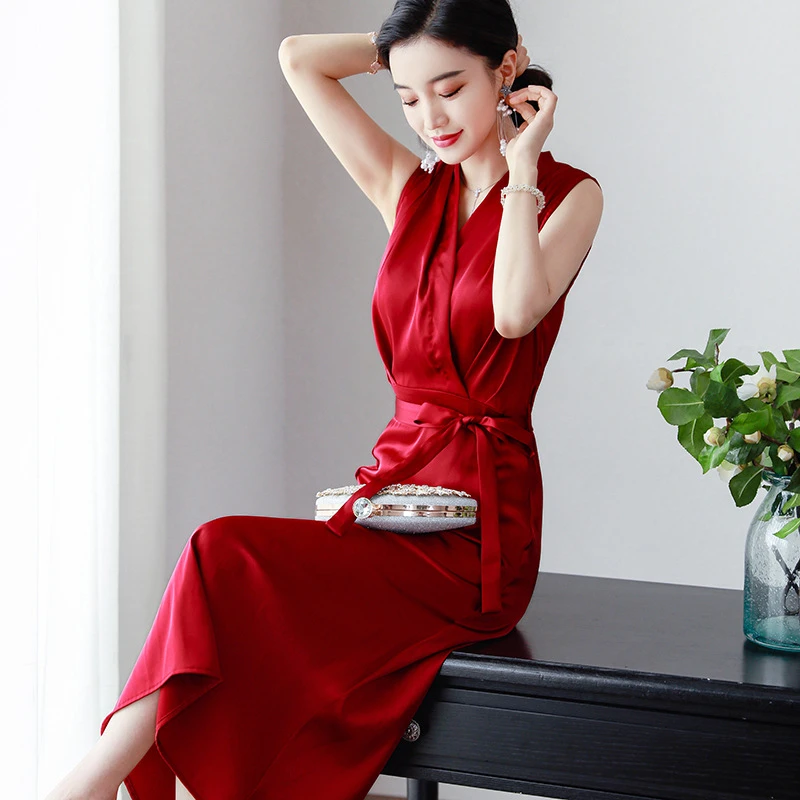 25新款无袖连衣裙新款法式高级感气质V领轻奢醋酸A字连衣裙4945