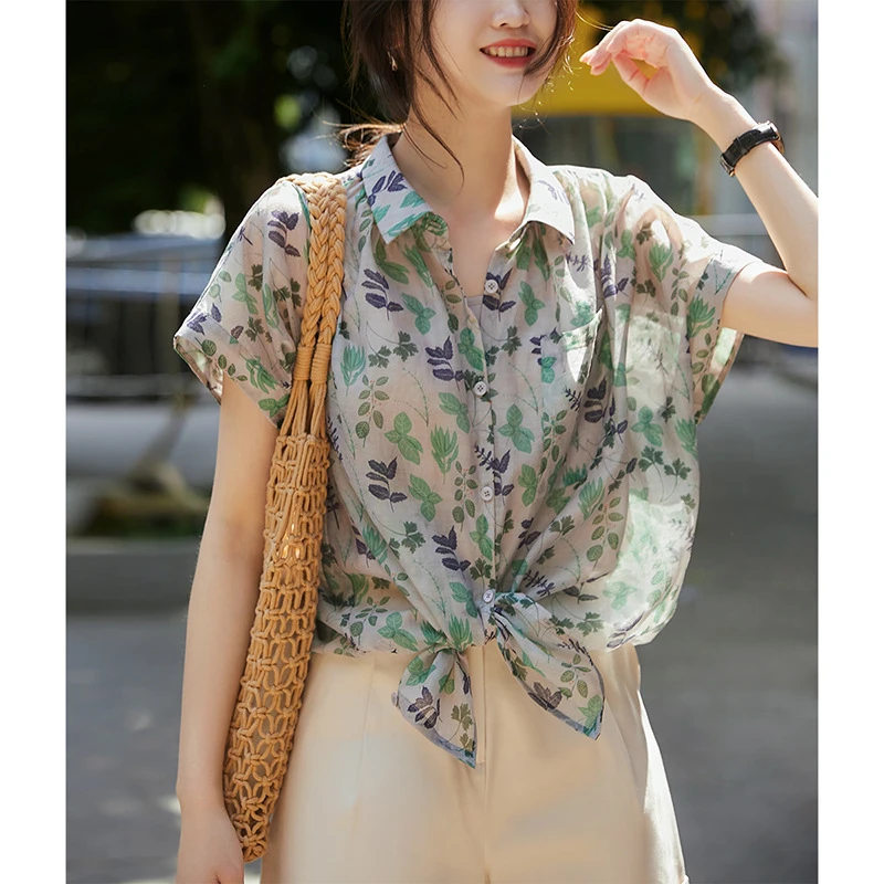 印花短袖衬衫女设计感别致下摆系带落肩袖上衣休闲薄款衬衣7089