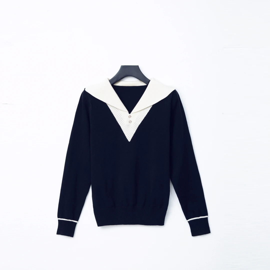 时尚百搭海军领套头针织长袖上衣1201