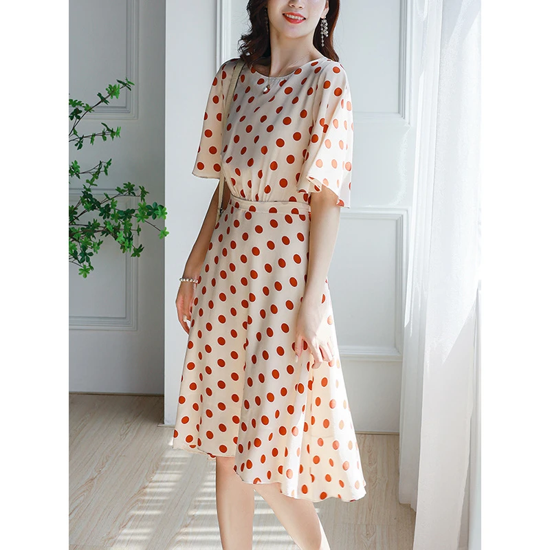 圆领波点连衣裙新款法式高端轻熟风收腰显瘦中长款茶歇裙2467