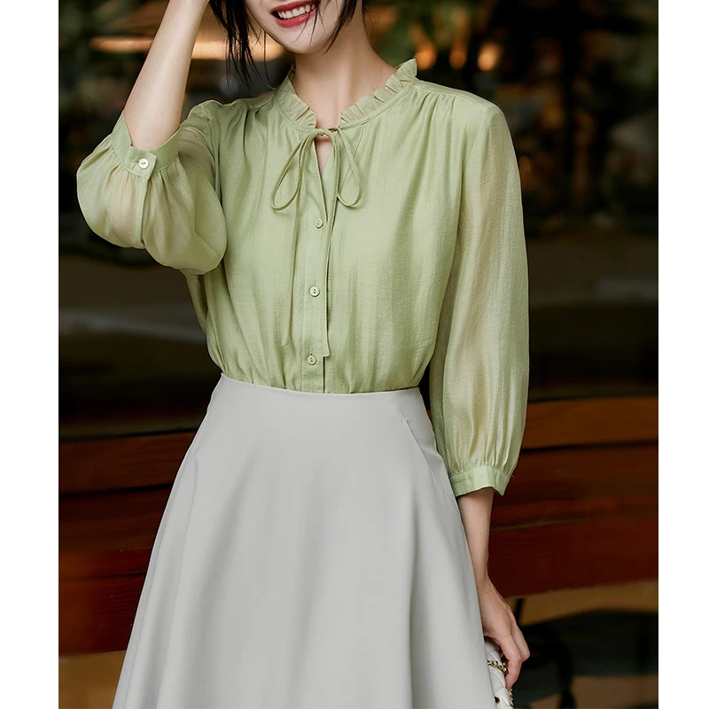气质法式通勤职场简约木耳领醋酸衬衫女设计感小众七分袖上衣7455