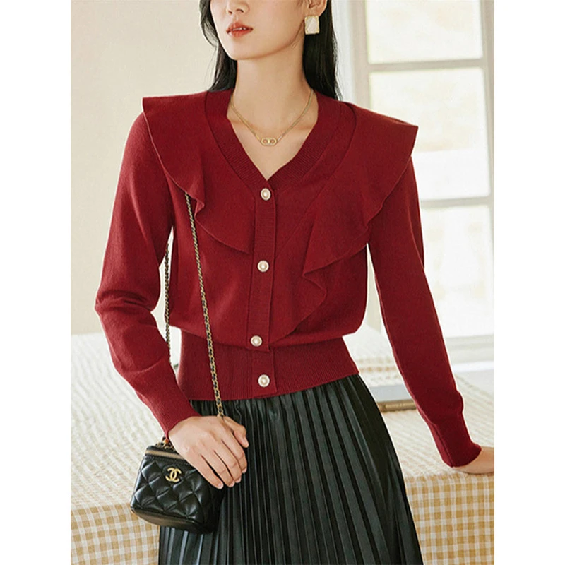 荷叶边套头红色毛衣减龄假扣打底衫短款外搭时尚上衣女0066