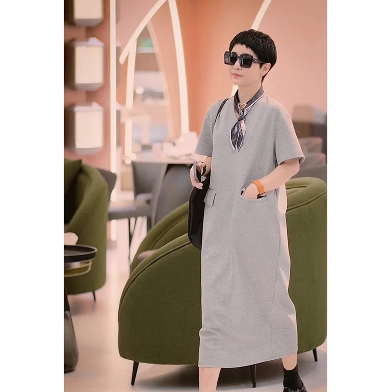 连衣裙女休闲时尚洋气宽松显瘦高级感气质短袖长裙子5524