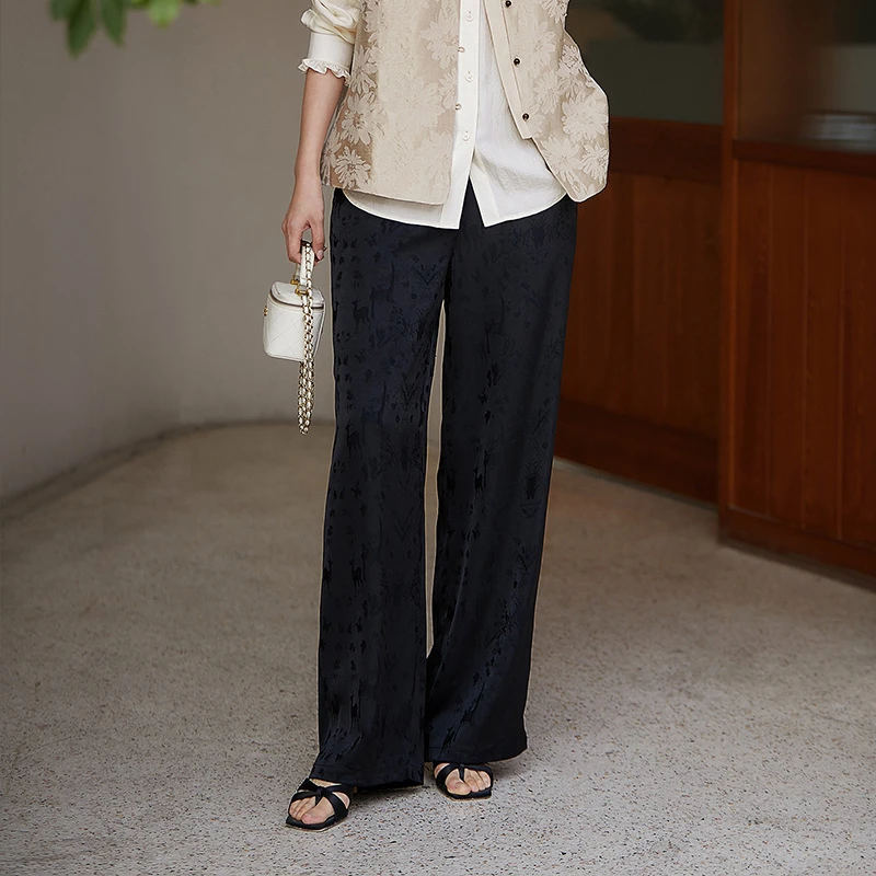 新中式国风提花松弛感阔腿休闲裤女感气质直筒裤7432