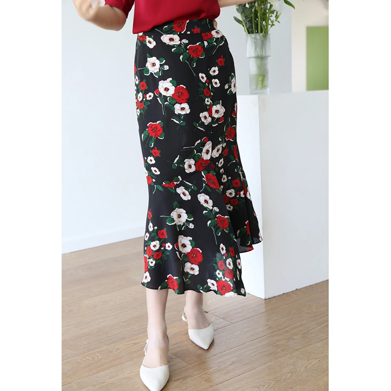 新款法式气质优雅设计感开叉鱼尾印花中长高腰半身裙子0005