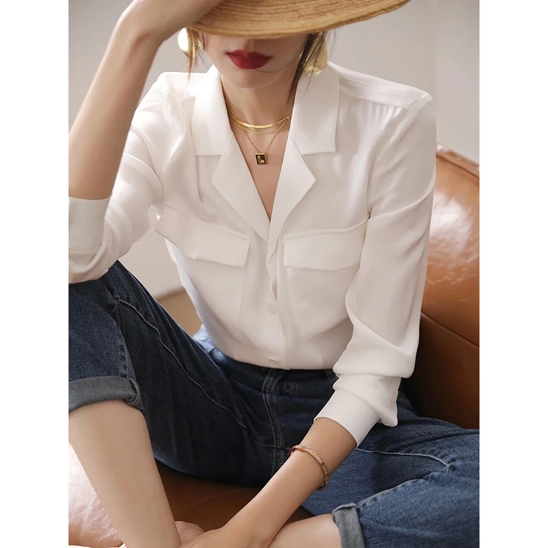 新款轻熟风通勤上衣气质白色设计感高端复古长袖衬衣7015