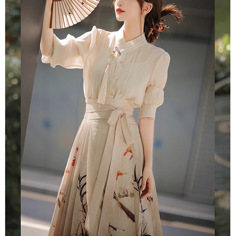 新中式国风汉服改良旗袍连衣裙子女装新款印花半身马面裙套装7072