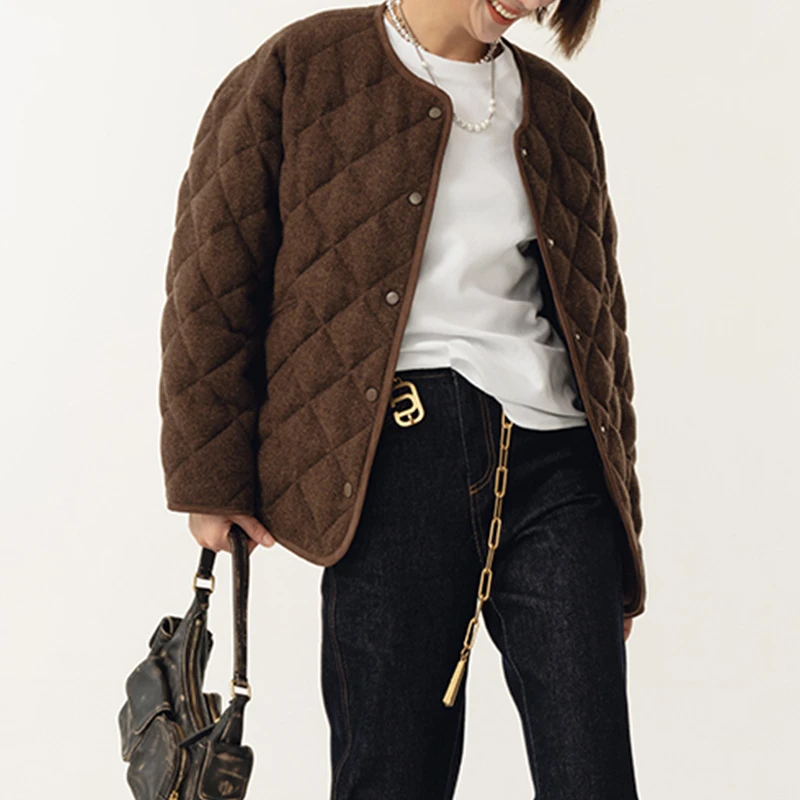 【深圳原创设计师】毛呢外套女秋冬新款菱形格百搭夹克上衣0476