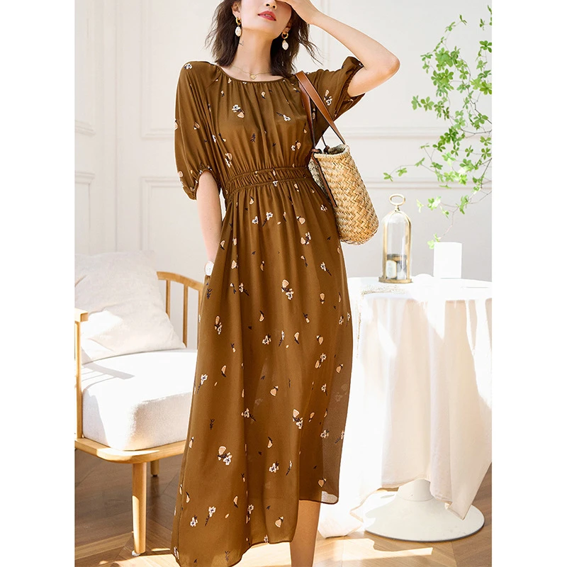 新款圆领印花法式时尚收腰花朵长款打底a字碎花连衣裙1082