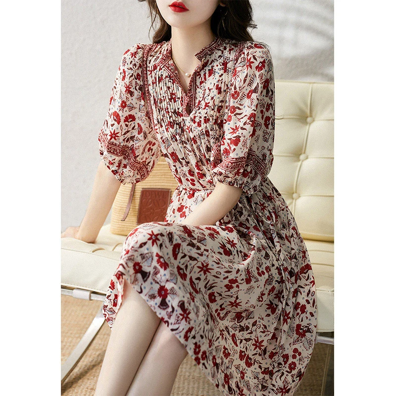 碎花连衣裙女新款复古轻熟风中长款A字裙高腰系带长裙子0002