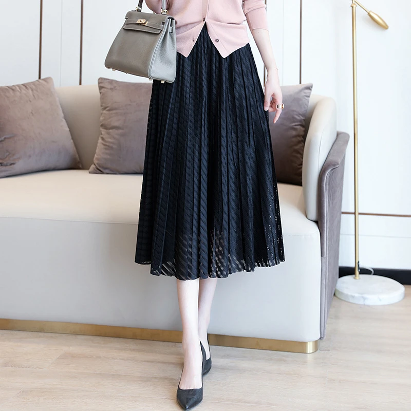 优雅知性镂空黑色半身裙女新款垂坠感气质显瘦百褶中长裙裙0842