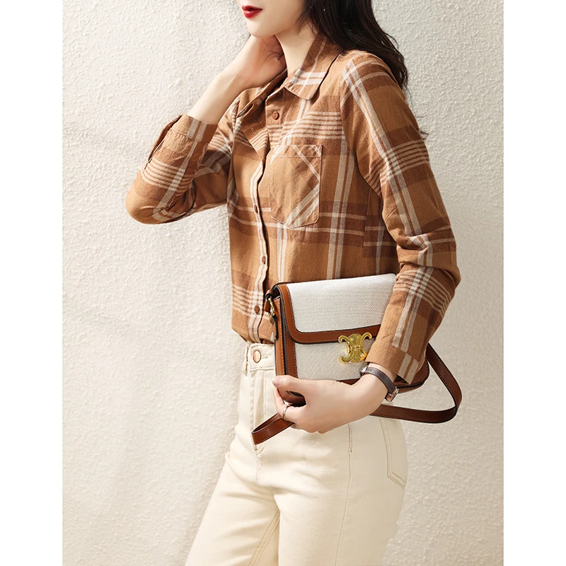 时尚复古小众气质显瘦休闲百搭长袖上衣格子小衬衫0103