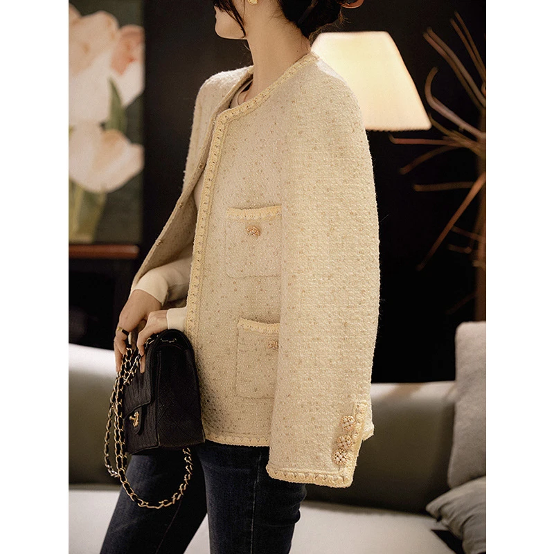 千韵伊然  流苏边亮片含羊毛外套女圆领长袖气质显瘦上衣0313