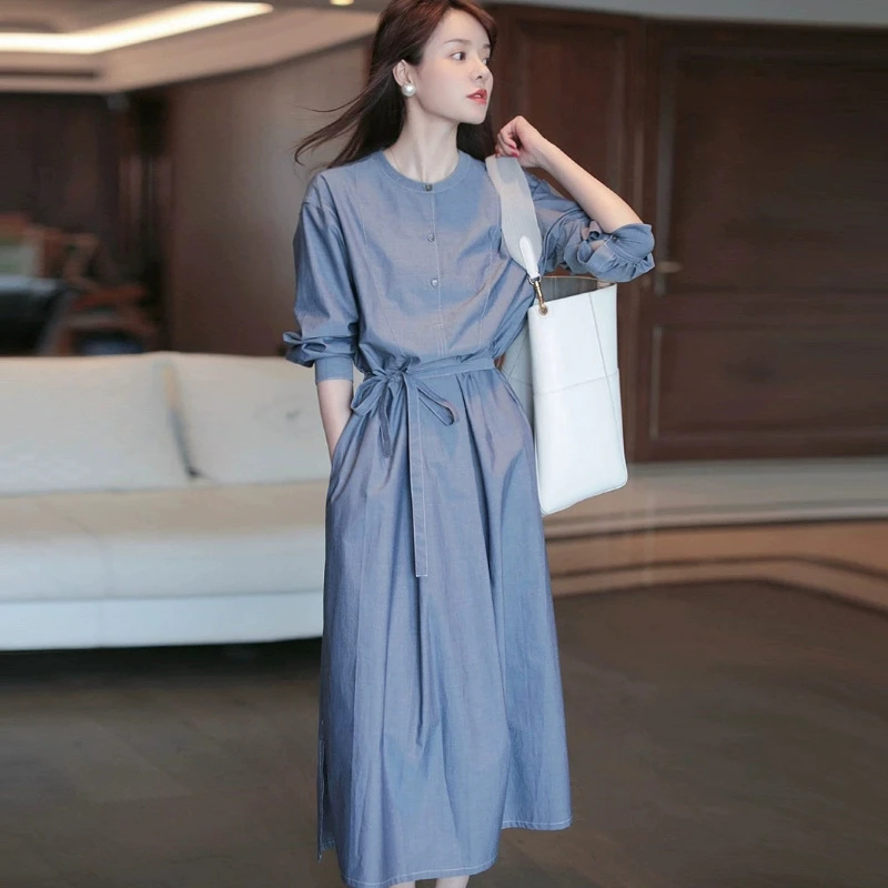 新款女法式小众感蓝色牛仔连衣裙设计感小众复古裙子女5477