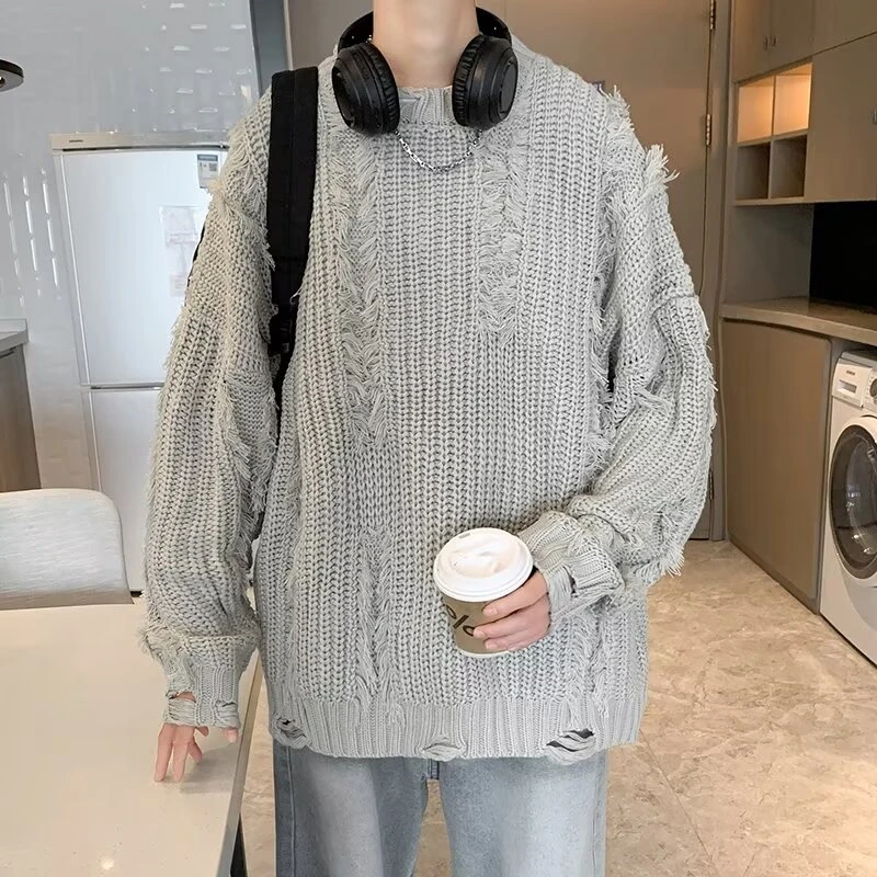 2024秋冬季新款毛衣男美式小众复古流苏破洞设计感宽松慵懒针织衫
