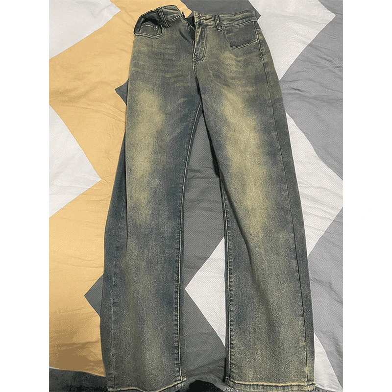 弹力牛仔裤男款美式高街水洗做旧裤子hiphop窄版修身痞帅直筒长裤