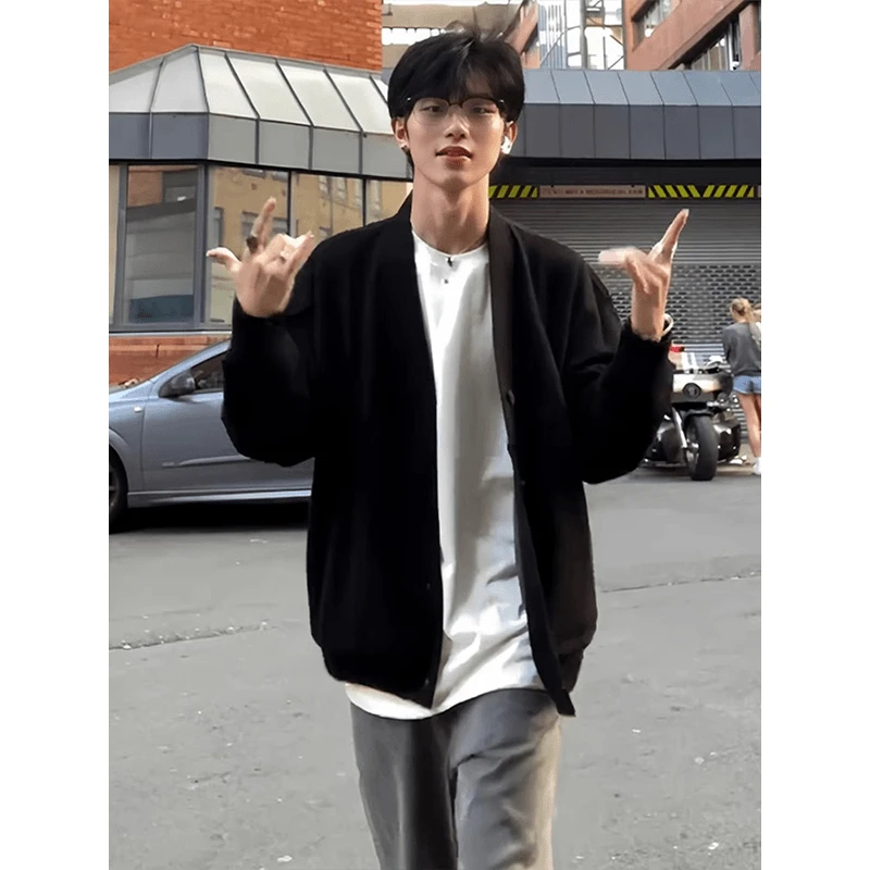 cleanfit开衫外套男春秋潮牌宽松百搭高级感V领上衣棒球服夹克黑