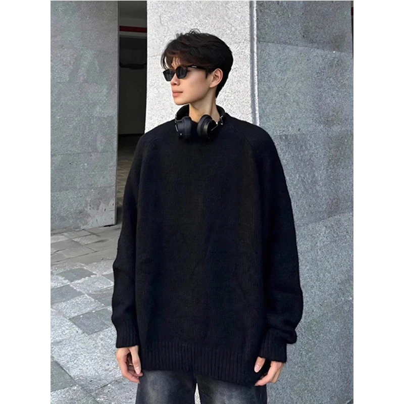 cleanfit黑色圆领毛衣男款秋冬季高级感内搭上衣美式针织衫外套潮
