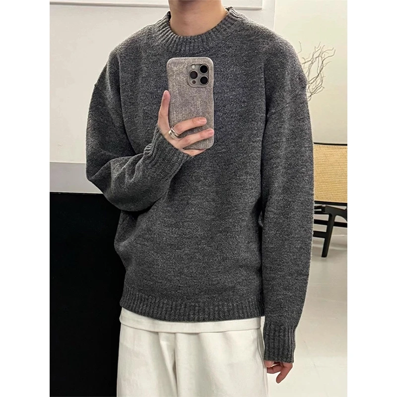深灰色圆领毛衣男款秋冬季vibe宽松慵懒风针织衫美式内搭打底衫潮