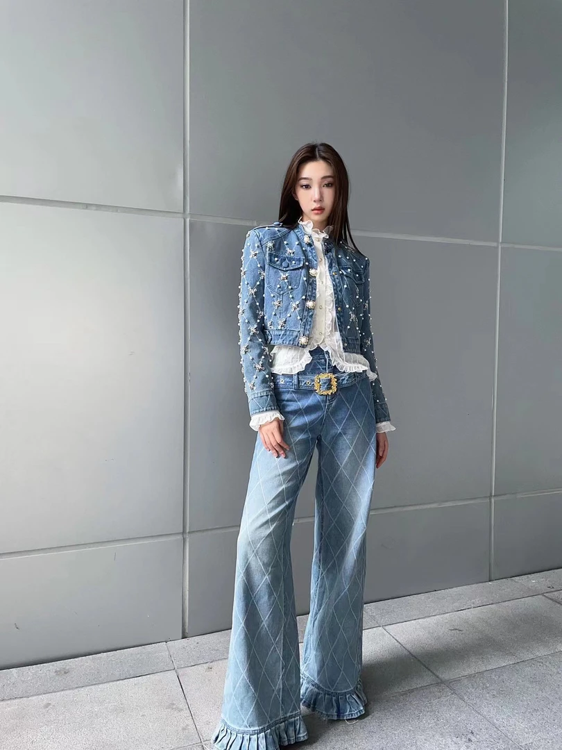 辰辰小清服饰重工订珠牛仔短外套长裤