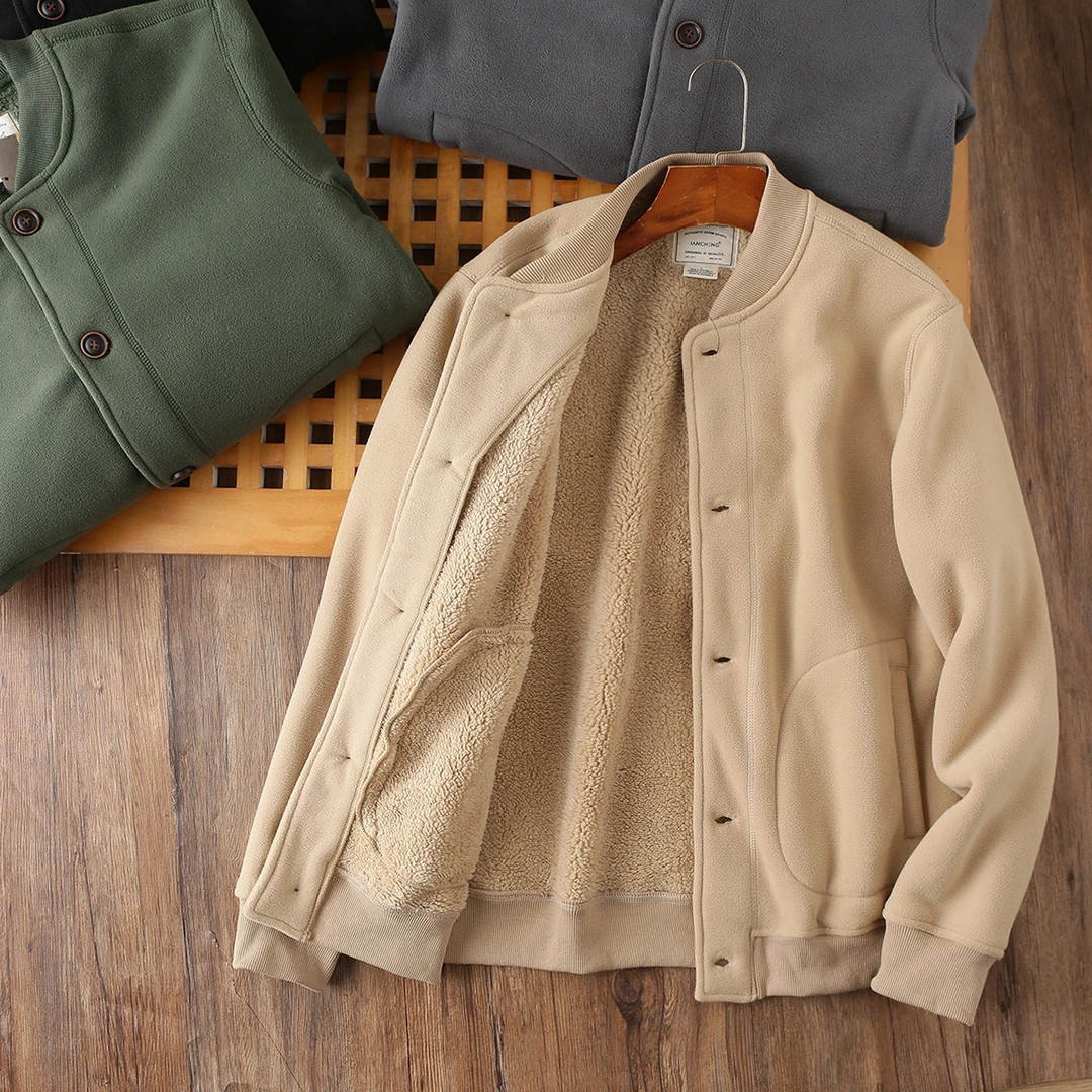 ［砺兵户外］袖子加绒阿美咔叽风双面摇粒绒秋冬男士加厚保暖棒球服