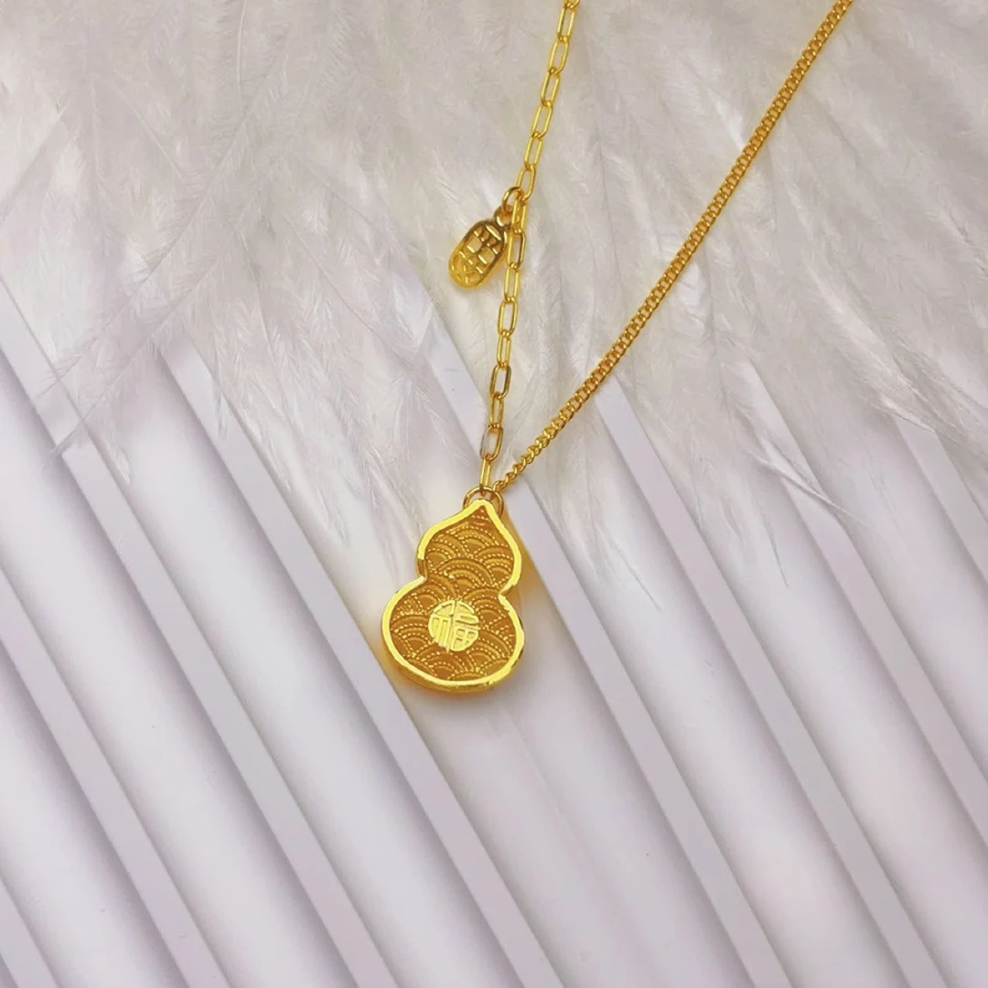 足金镂空福字葫芦套链女款轻奢时尚百搭古法金色精美坠链女士磨砂