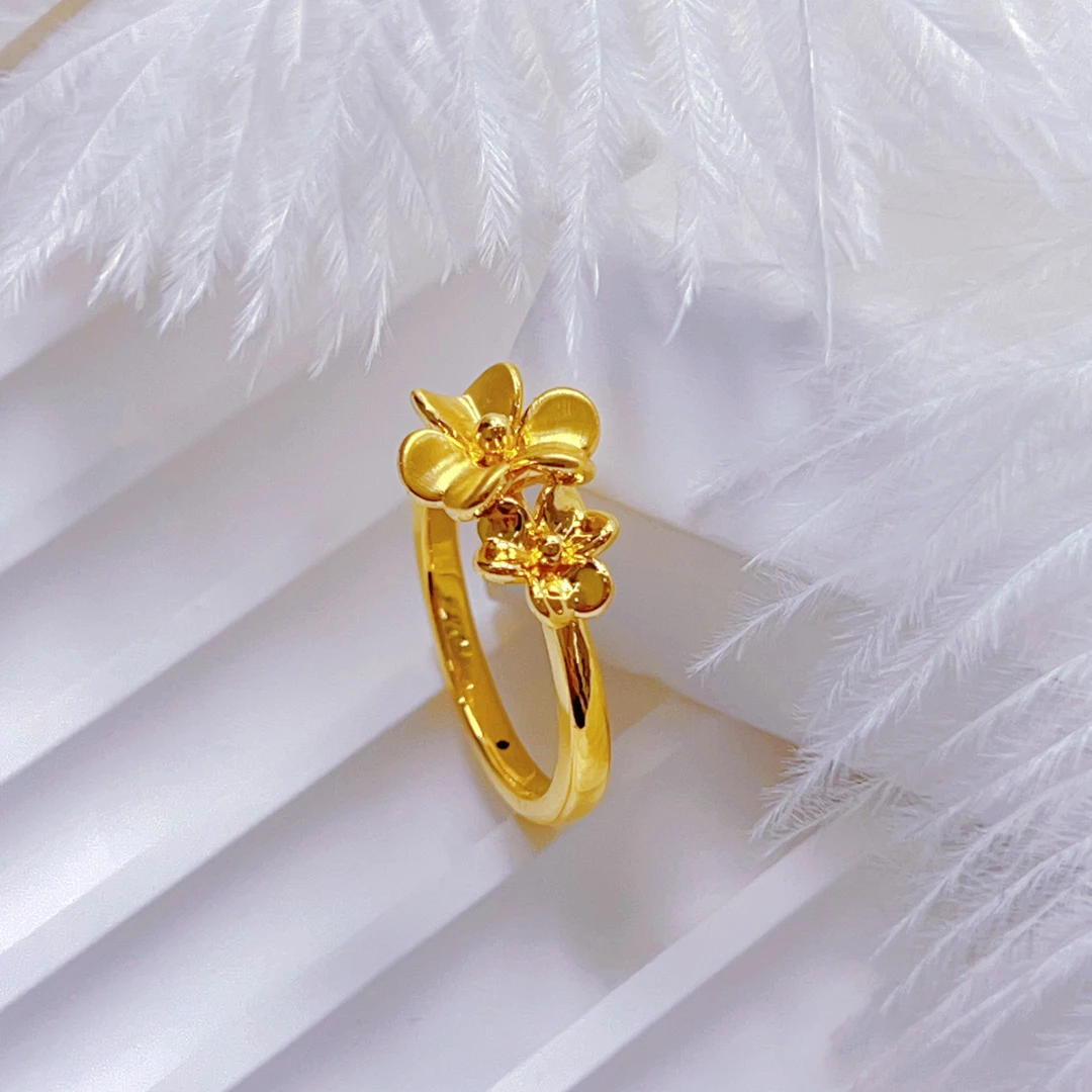 足金999双生花戒指显大款5D工艺女款气质甜美简约精致叶子轻奢