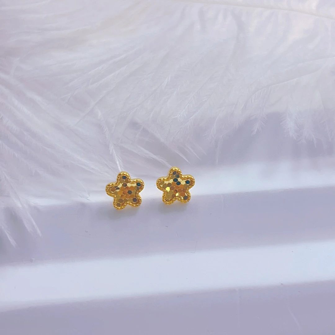 足金999爆闪黄金车花小花直针耳钉气质时尚百搭简约经典磨砂精致