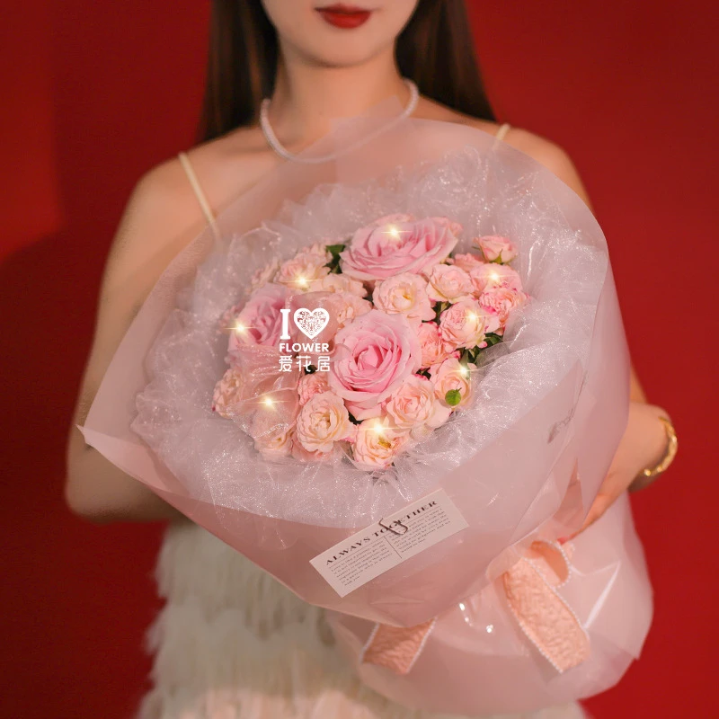 爱花居3枝粉玫瑰混搭鲜花送女生生日花束花全国连锁同城花店鲜花速递