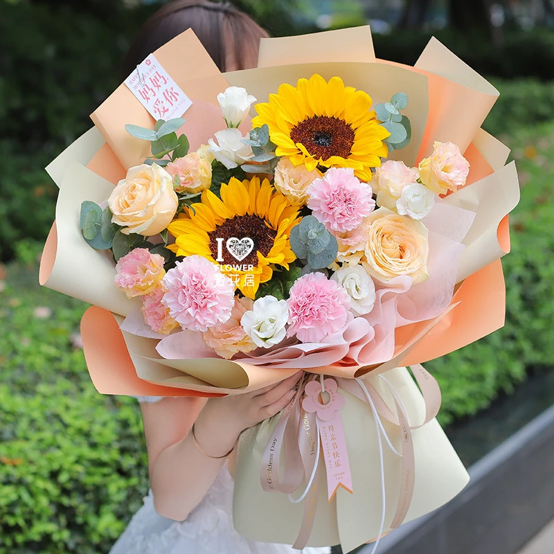 【感谢母亲】3枝康乃馨2枝向日葵香槟混搭鲜花花束送妈妈送长辈生日礼物同城花店送花上门1-3小时达冬日