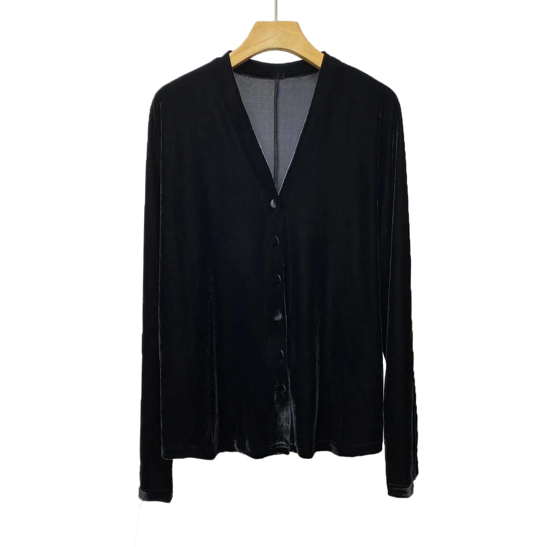 春季新款气质显瘦黑色百搭长袖丝绒单排扣V领开衫上衣女装