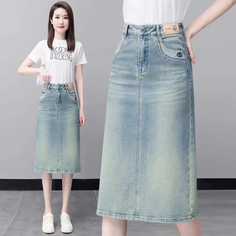 复古牛仔半身裙女夏季2025年新款设计感高腰中长款a字包臀一步裙