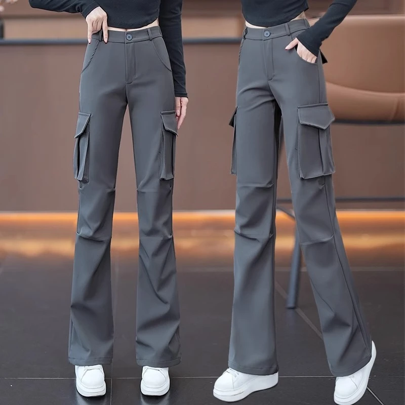 灰色微喇工装裤女春秋2024新款高腰宽松显瘦多口袋运动窄版直筒裤