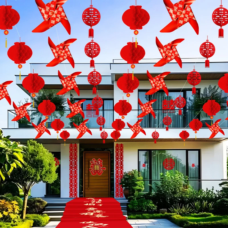 结婚院子装饰彩旗灯笼喜字风车婚礼布置农村庭院拉花挂饰室外装扮