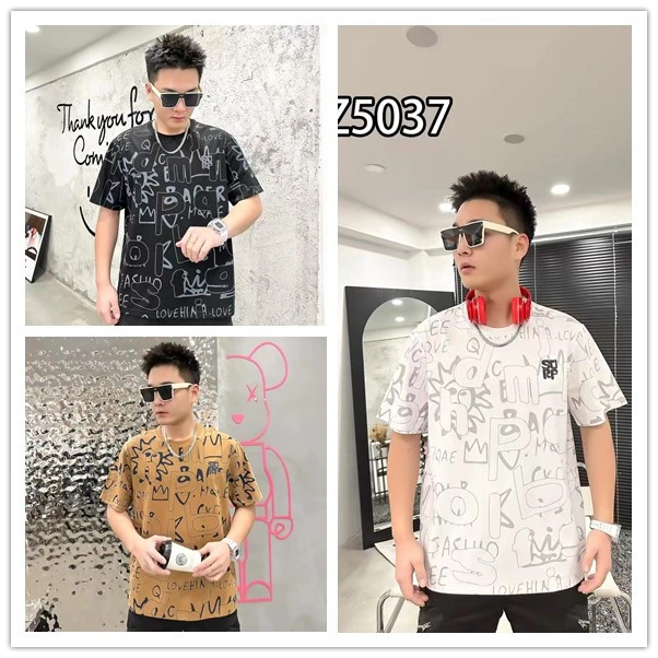 大码男士时尚字母涂鸦刺绣款夏季薄款弹力半袖5037潮流加肥加大