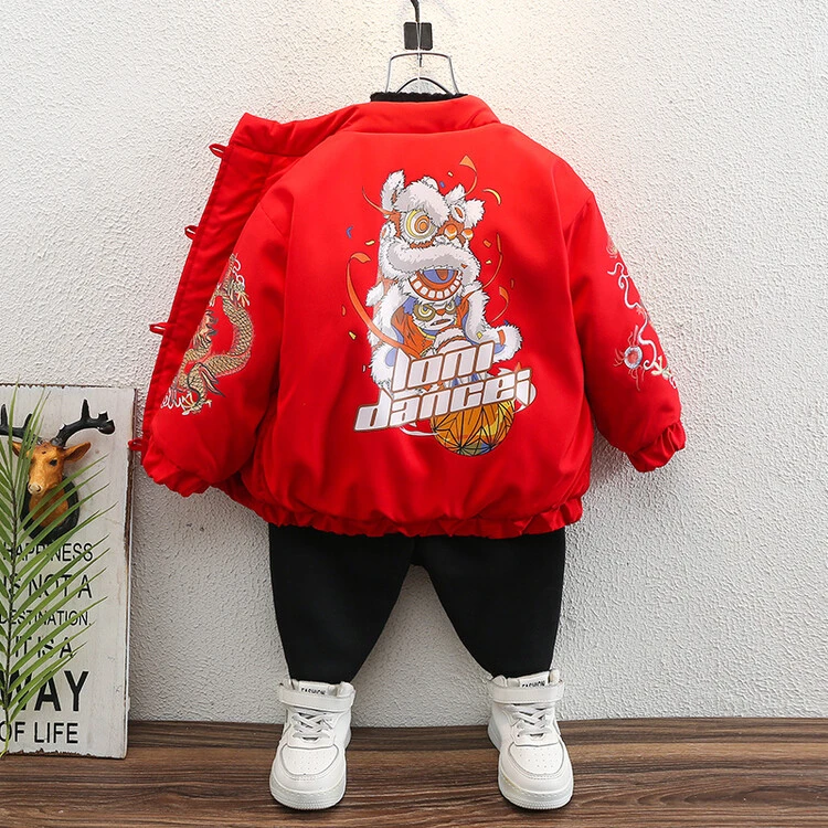 儿童加绒拜年服红色外套男童宝宝小童中国风男孩加厚喜庆秋冬上衣