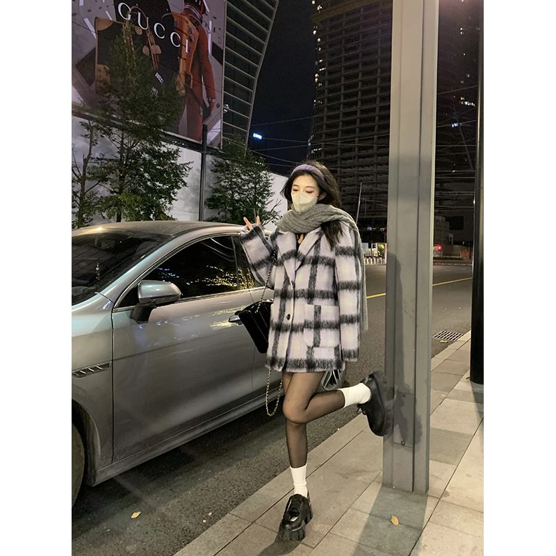 【雪宝粉丝专享】2toyoung雾起冬日 定织羊驼毛格纹夹棉西装外套女