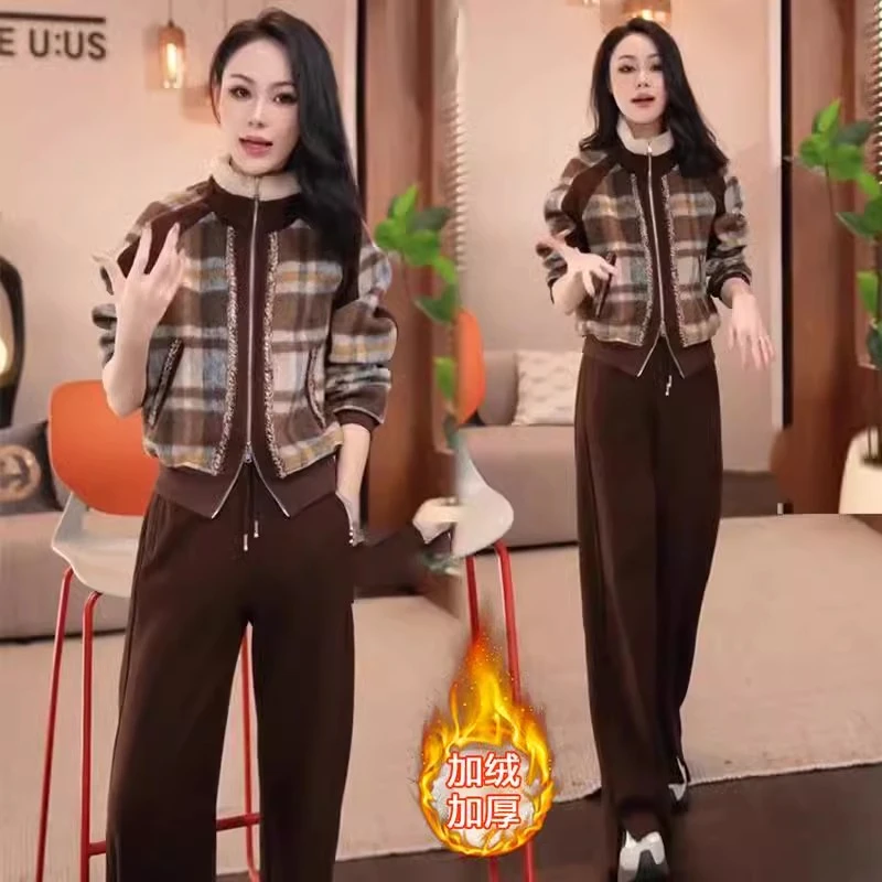 时尚套装女2024冬季新款洋气加绒加厚格子短外套阔腿裤运动两件套