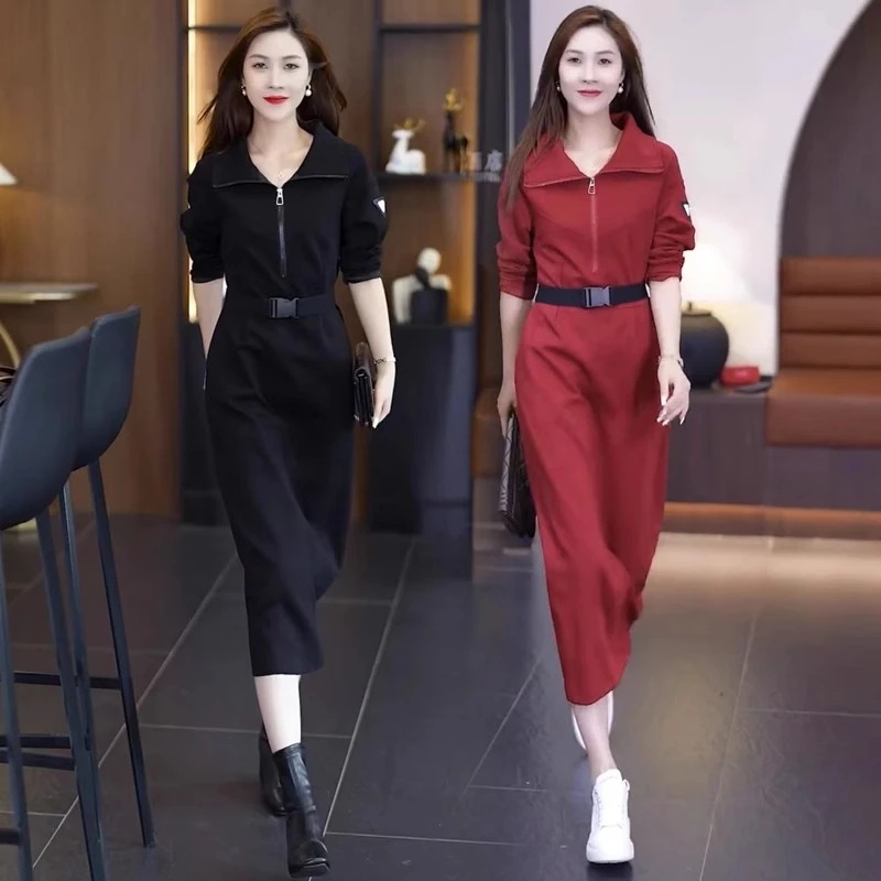 时尚长袖连衣裙女翻领春秋休闲百搭收腰显瘦长款过膝气质卫衣裙子