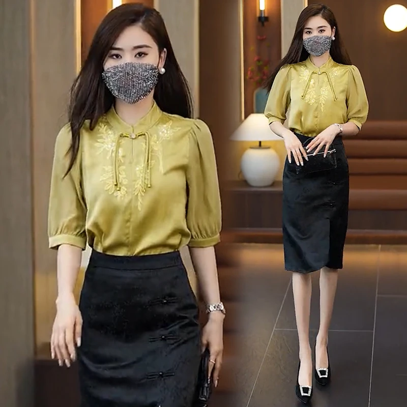 时尚气质缎面衬衫女2024夏季新款国风新中式刺绣衬衣洋气百搭上衣