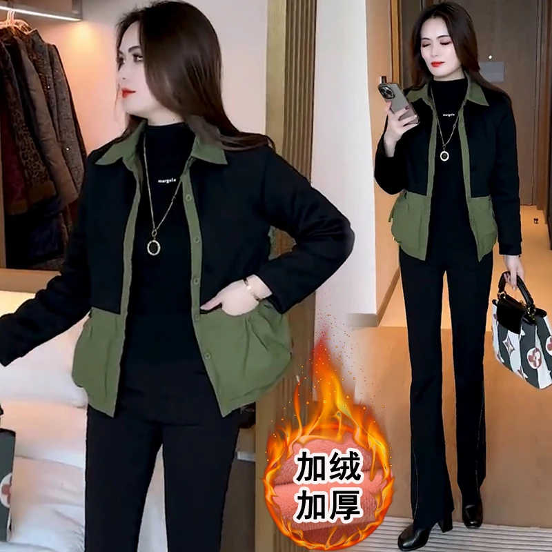 加绒加厚时尚外套女短款秋冬季新款拼接夹克衫小个子宽松显瘦上衣